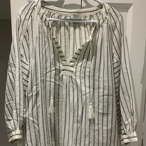 DESIGNER JOIE PEASANT FLOWY 100% COTTON WHITE, BLUE STITCHING LONG SLEEVE SHIRT